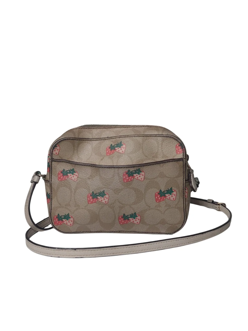 Coach Jaimie Mini Camera Bag Tan Crossbody Bag with Wild Strawberry Design